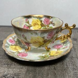 Vintage Fan Crest Japan Teacup & Saucer Lusterware Iridescent Roses Floral #1977